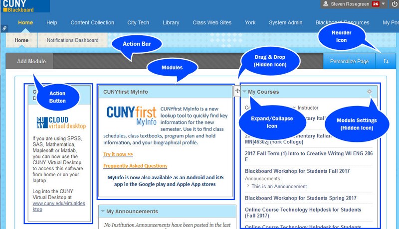 A quick introduction to the Blackboard Home page user interface including action bar, action button. modules, module settings, and various icons.