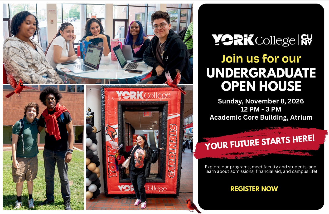 Promotional graphic for the York College Undergraduate Open House on November 8, 2026, inviting prospective students to register.