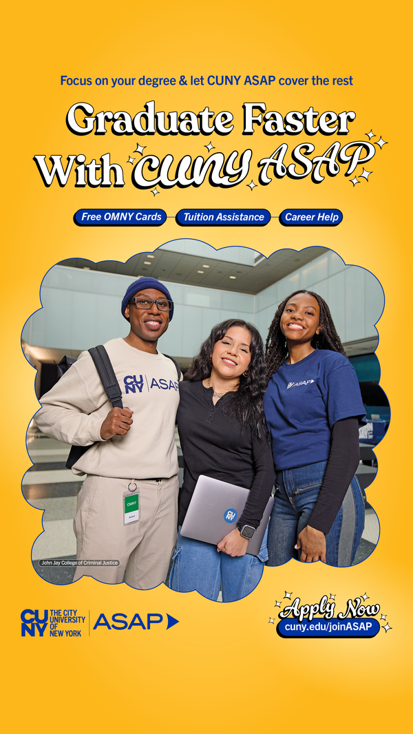 Three students stand confidently, representing success in accelerating studies at York College.