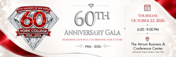 Promotional graphic for the 60th Anniversary Gala of York College, held on Thursday, October 22, 2026, at The Atrium Business & Conference Center.