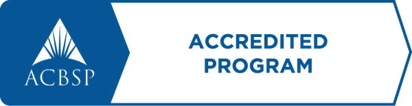 A graphic indicating that the program is accredited by ACBSP, supporting the Department of Business and Economics.