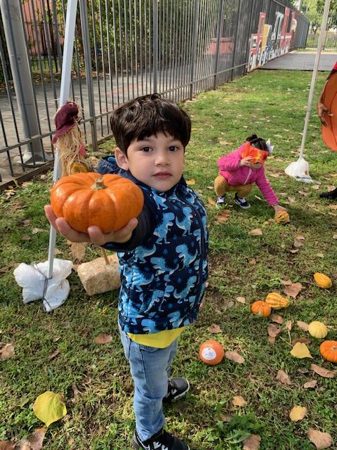 Child holding pumpkin