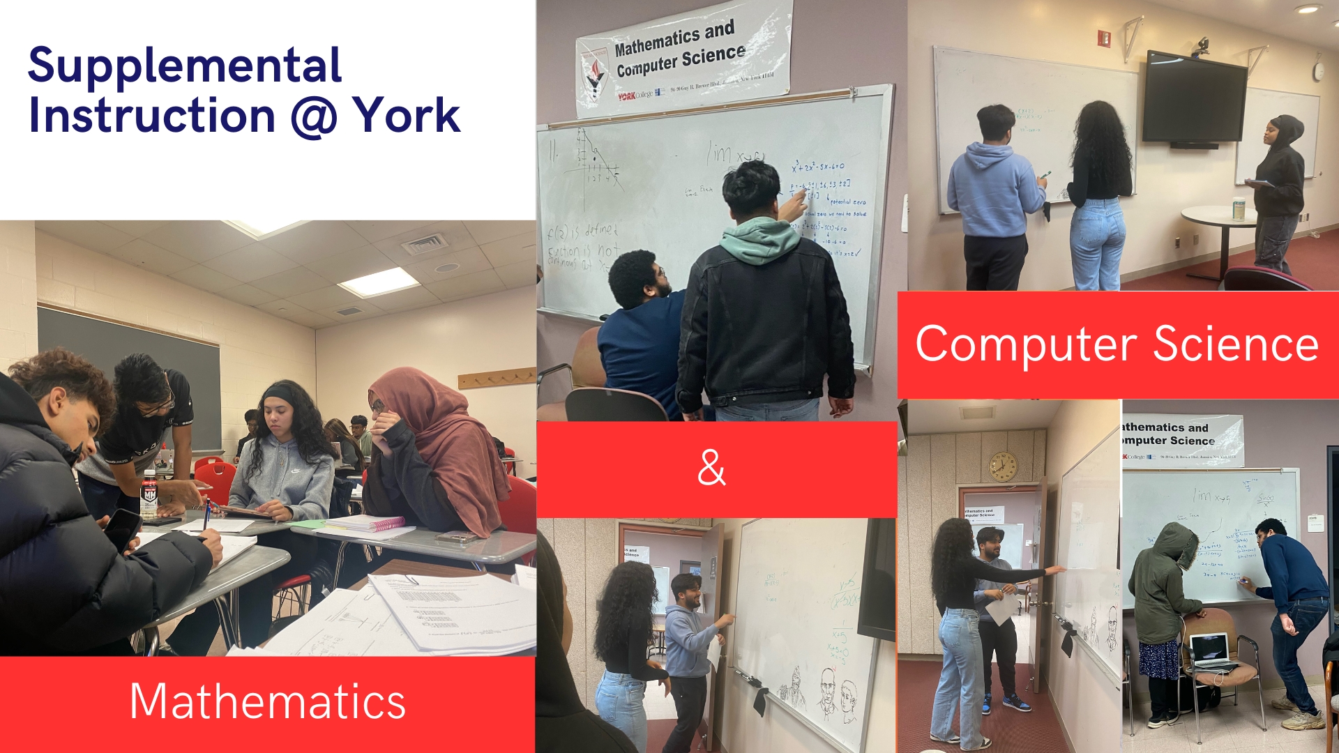 seven pictures of students gathering and learning math.