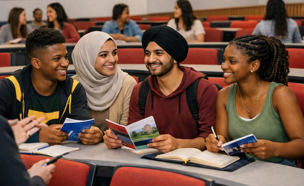 A diverse group of students are gathered around a table, engaged in discussion and studying materials in a lecture hall.