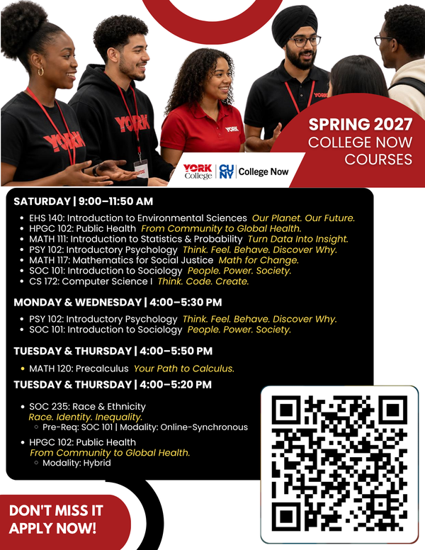 Diverse group of students smiling and gathered together, promoting Spring 2027 College Now courses offered by York College.