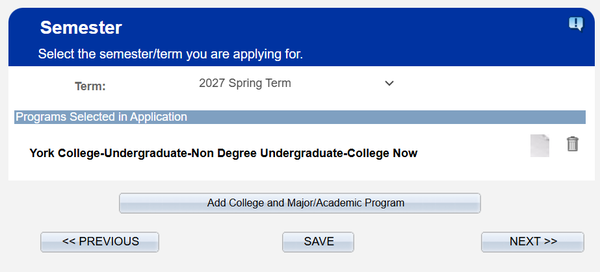 A screen showing the application process for York College, specifically selecting the 2027 Spring Term for the College Now program.