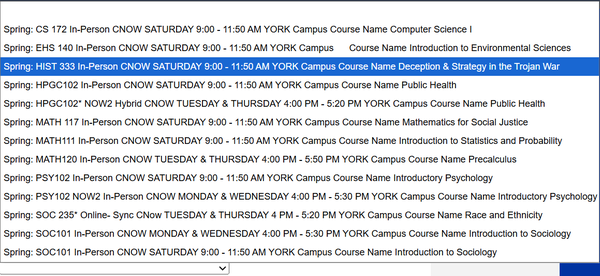 A detailed list of various College Now courses, including Computer Science, Public Health, and Sociology, with specific dates and times.