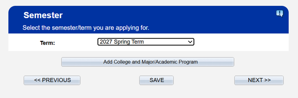 A digital form section titled 'Semester' prompting the user to select the term they are applying for, with '2027 Spring Term' currently selected.