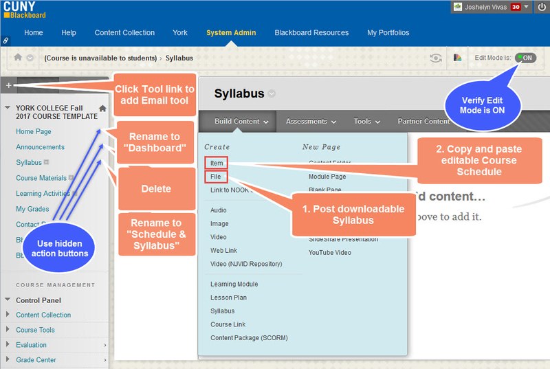 Add, remove, or modify course menu items, post syllabus and other course materials.