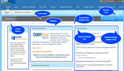 A quick introduction to the Blackboard Home page user interface including action bar, action button. modules, module settings, and various icons.