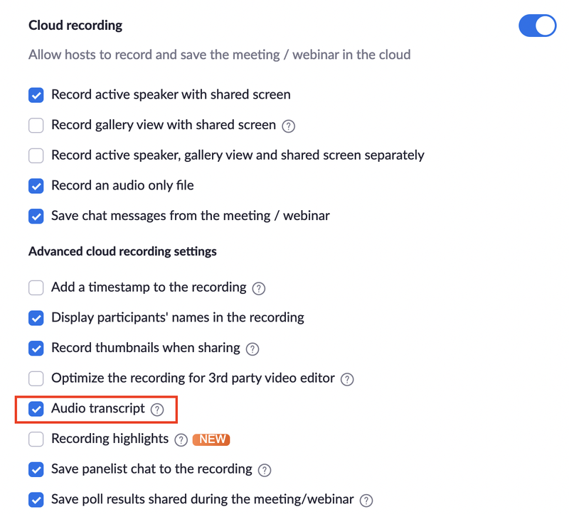 Enable audio transcript for recording