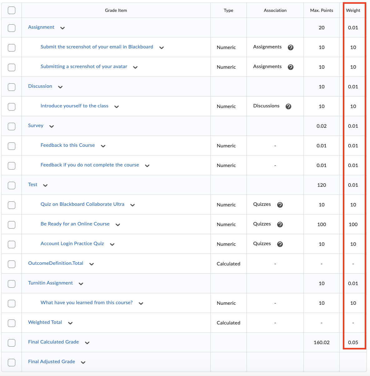 Gradebook columns and categories
