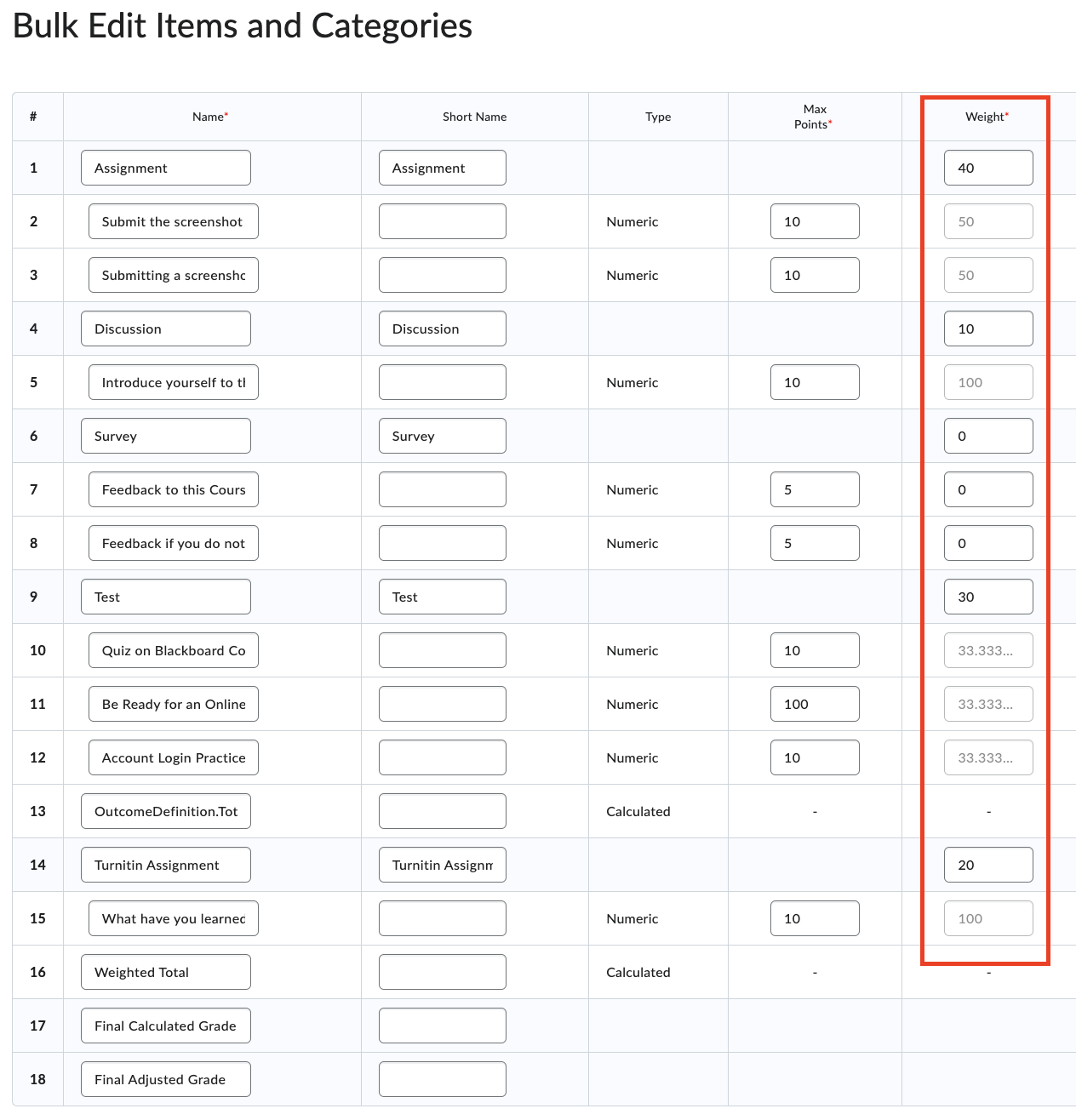 Modify the weights for grade columns and categories