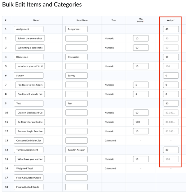 Modify the weights for grade columns and categories