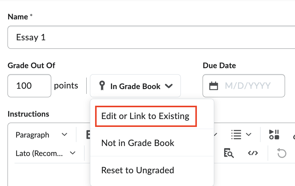 Linking grade to a grading category