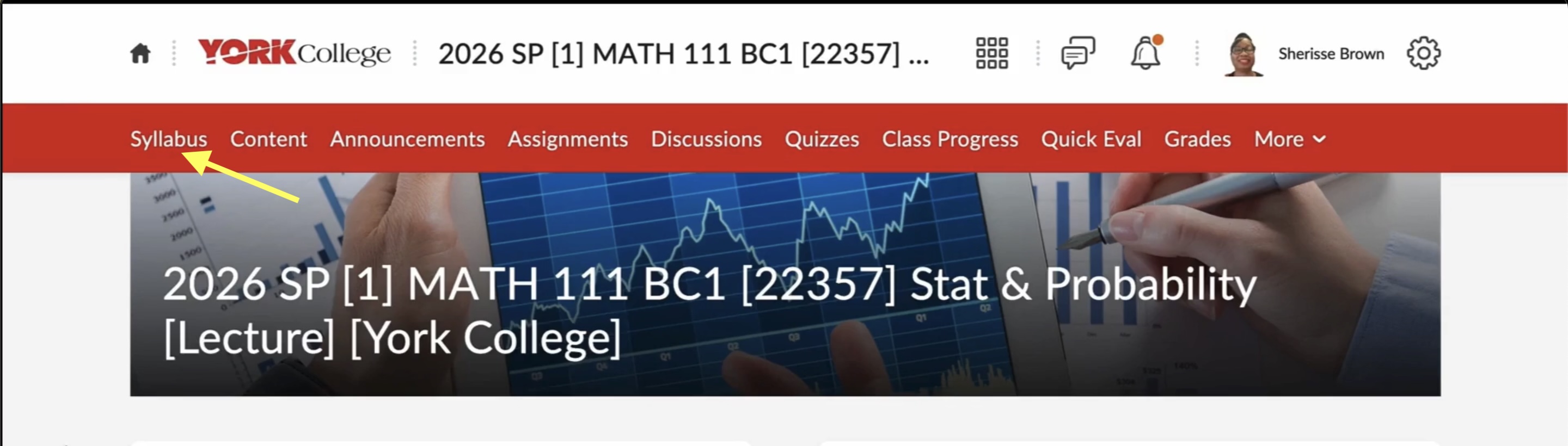 A screenshot of a digital learning platform displaying the course title 2026 SP [1] MATH 111 BC1 [22357] Stat & Probability, showing a graph and navigation menu.
