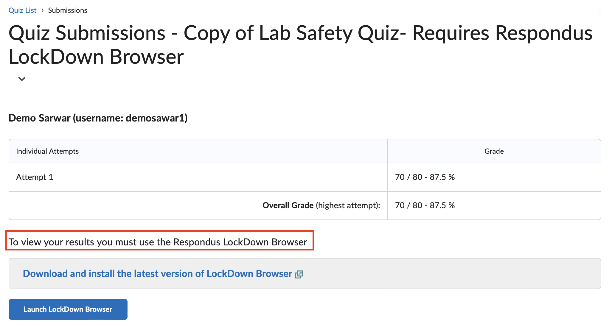 Submission page for lockdown browser quiz