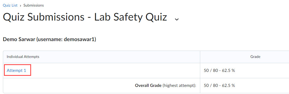 Student quiz submission page