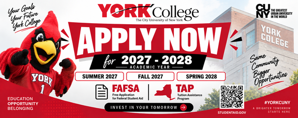 A vibrant advertisement encouraging prospective students to apply to York College for the 2027-2028 academic year, highlighting financial aid options like FAFSA.