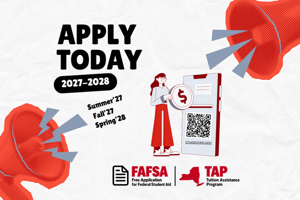 Promotional graphic encouraging students to apply today for the 2027-2028 academic year, highlighting FAFSA and TAP programs.