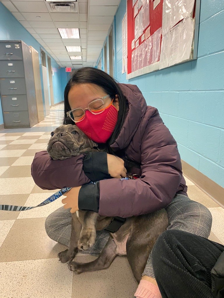 Prof Valerie Esposito Kubanick  and Rex, a six-month-old French bulldog certified service dog 
