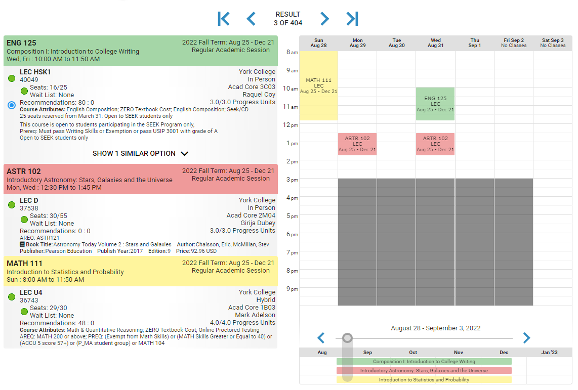 Class schedule results