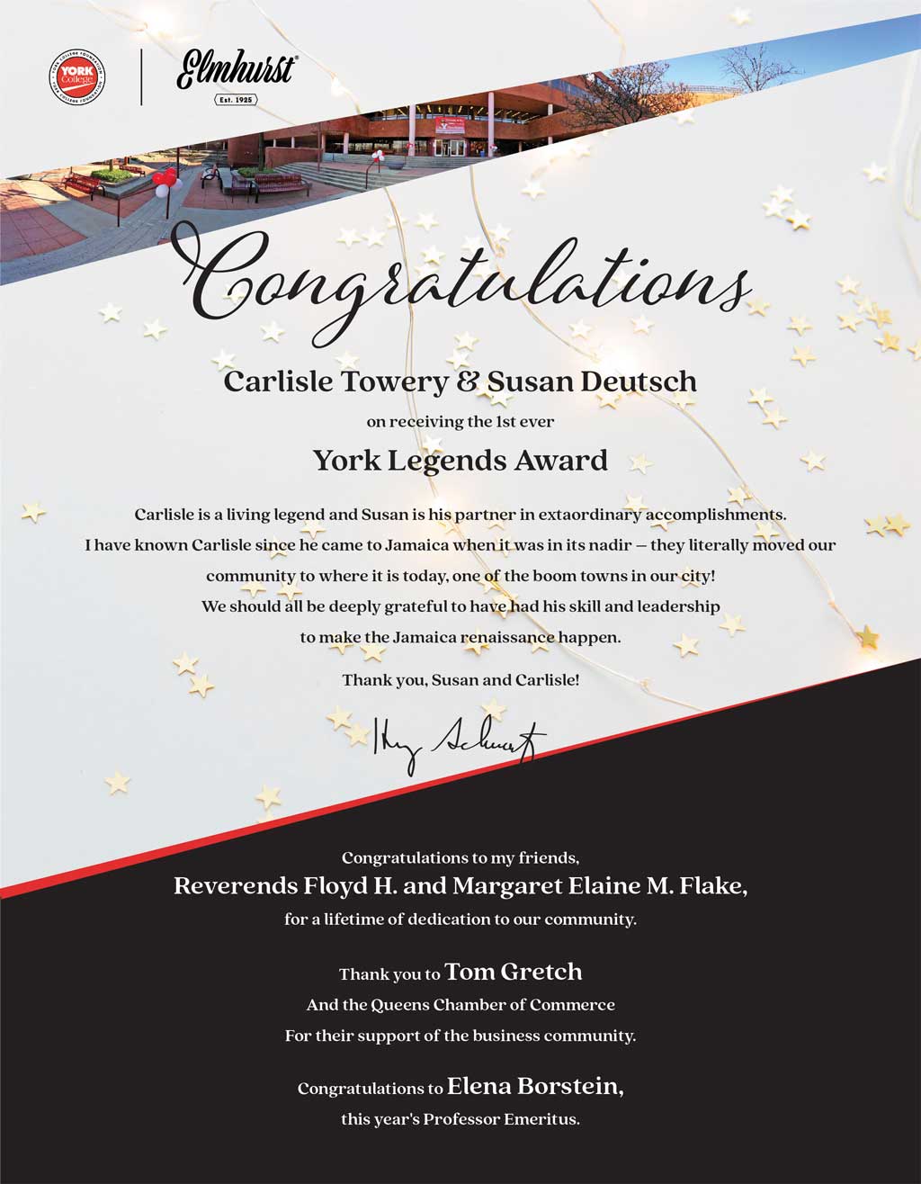 Thanking Carlisle Towery, Susan Deutsch, Reverends Floyd, and Margaret Flake.