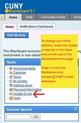 mage of home screen in Blackboard showing email update menu option