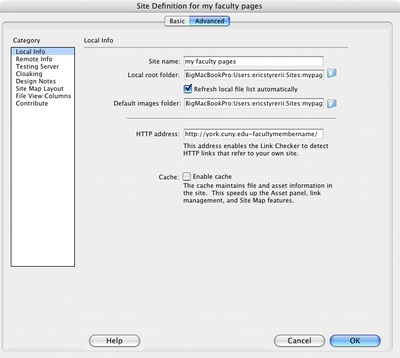 Dreamweaver Site Setup - Local Info Tab screen shot shows how to update the properties for connecting to web.york.cuny.edu