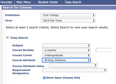 Screenshot of Course Attribute dropdown menu for registering for Writing Intensive course