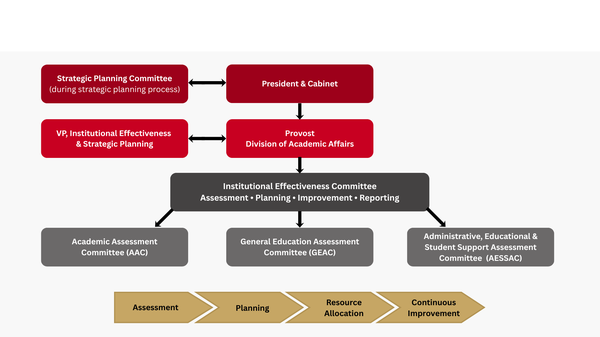 Organizational chart showing the institutional effectiveness structure, including leadership, assessment committees, and the continuous improvement cycle of assessment, planning, resource allocation, and improvement.