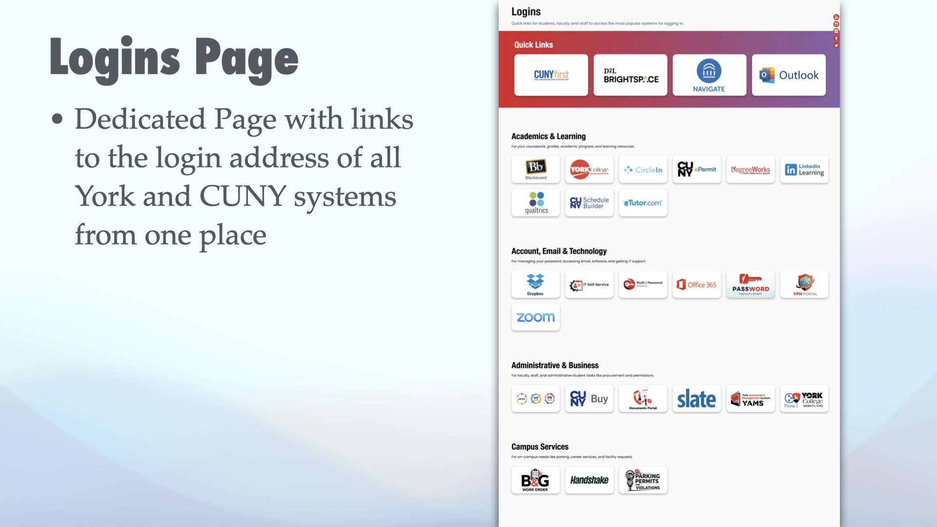 Dedicated logins page
