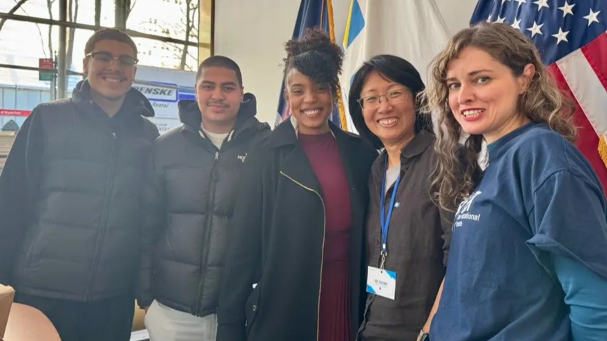 York faculty and Teacher Education students (from left to right: Sebastian Rodriguez, Christian Ramos, Chelsea Sandoval, Xin Bai, and Casandra Silva Sibilin)